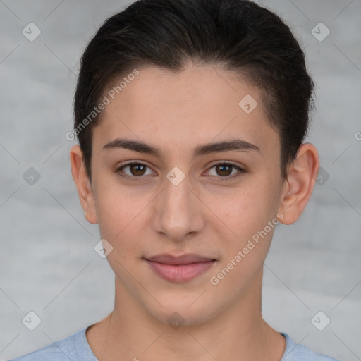 Joyful white young-adult female with short  brown hair and brown eyes