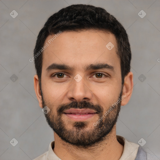 Neutral white young-adult male with short  black hair and brown eyes