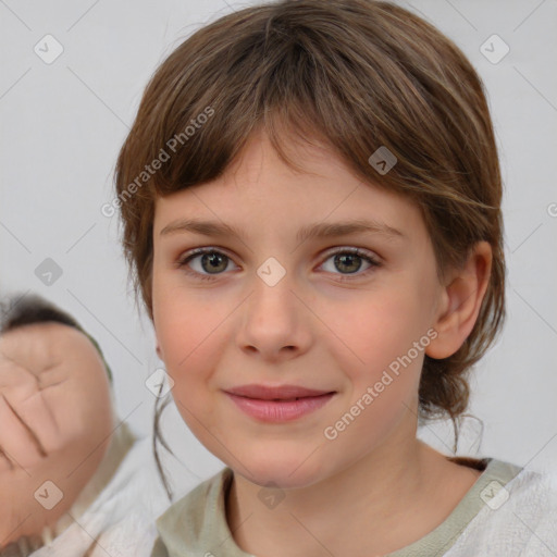 Joyful white child female with medium  brown hair and blue eyes