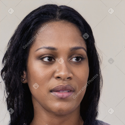 Joyful asian young-adult female with medium  black hair and brown eyes