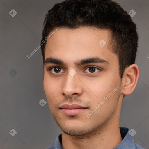 Neutral white young-adult male with short  brown hair and brown eyes