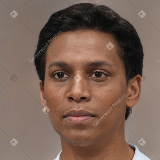 Neutral latino young-adult female with short  black hair and brown eyes