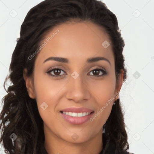 Joyful latino young-adult female with long  brown hair and brown eyes