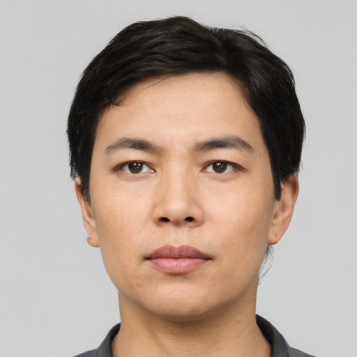 Neutral asian young-adult male with short  black hair and brown eyes