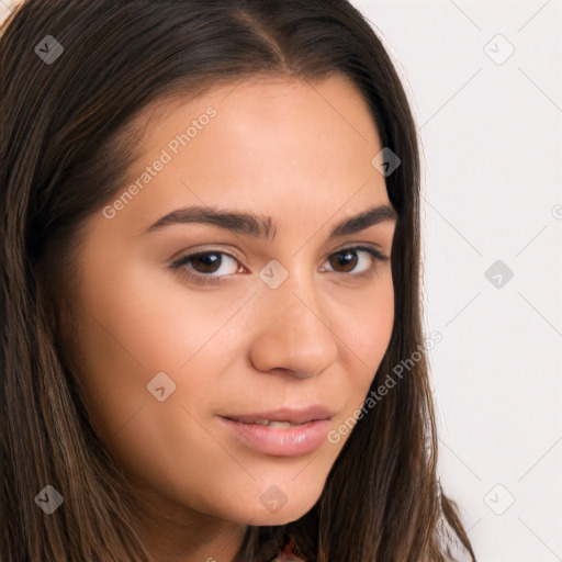 Neutral white young-adult female with long  brown hair and brown eyes