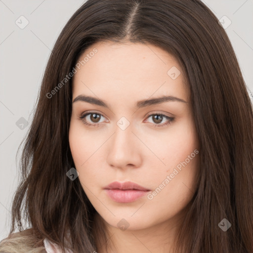 Neutral white young-adult female with long  brown hair and brown eyes