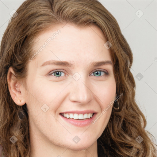 Joyful white young-adult female with long  brown hair and green eyes