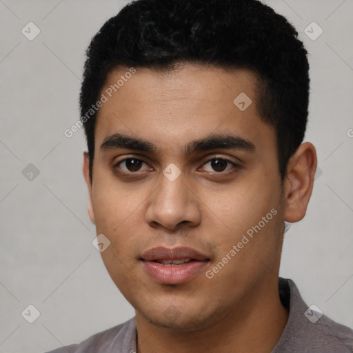 Neutral latino young-adult male with short  black hair and brown eyes