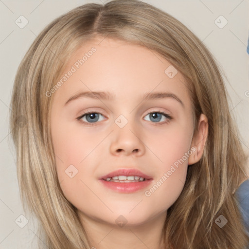 Joyful white child female with medium  brown hair and brown eyes