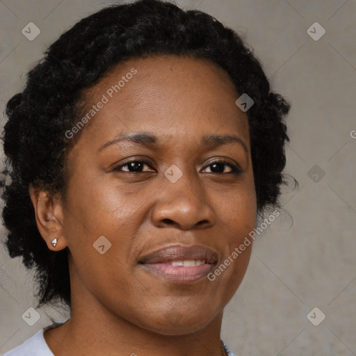 Joyful black adult female with medium  brown hair and brown eyes