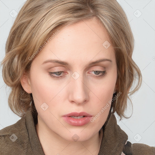 Neutral white young-adult female with medium  brown hair and blue eyes