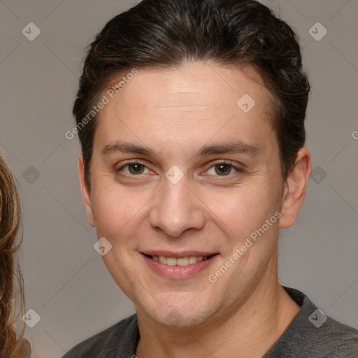 Joyful white adult female with short  brown hair and brown eyes