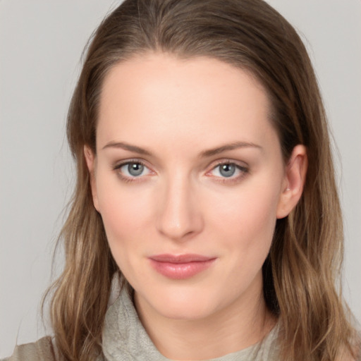 Neutral white young-adult female with medium  brown hair and grey eyes