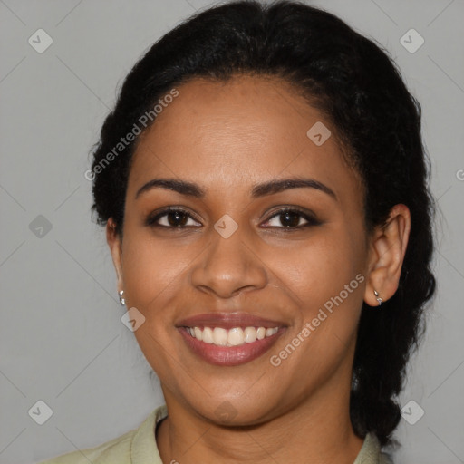 Joyful latino young-adult female with long  black hair and brown eyes