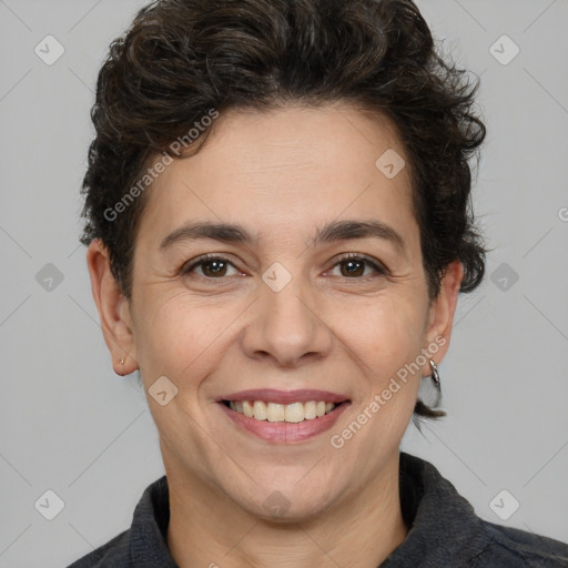 Joyful white adult female with short  brown hair and brown eyes