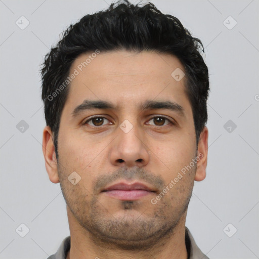 Neutral asian young-adult male with short  black hair and brown eyes