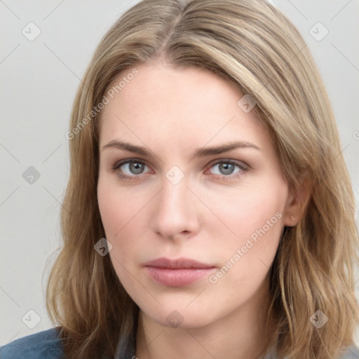 Neutral white young-adult female with medium  brown hair and grey eyes