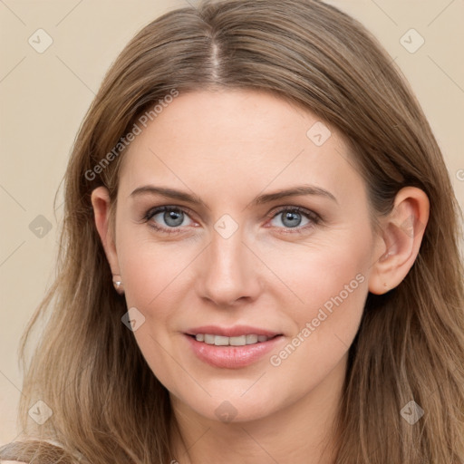 Joyful white young-adult female with long  brown hair and grey eyes