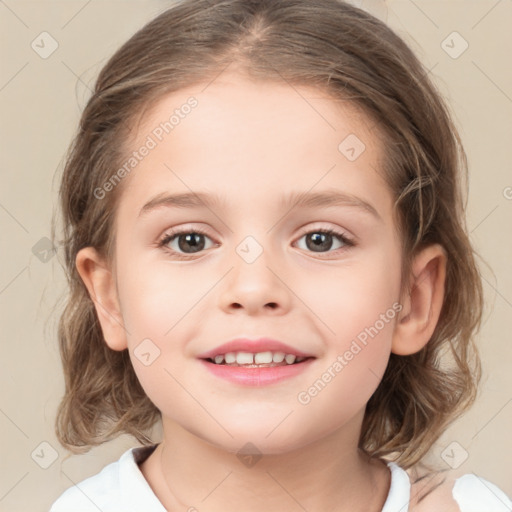 Joyful white child female with medium  brown hair and brown eyes