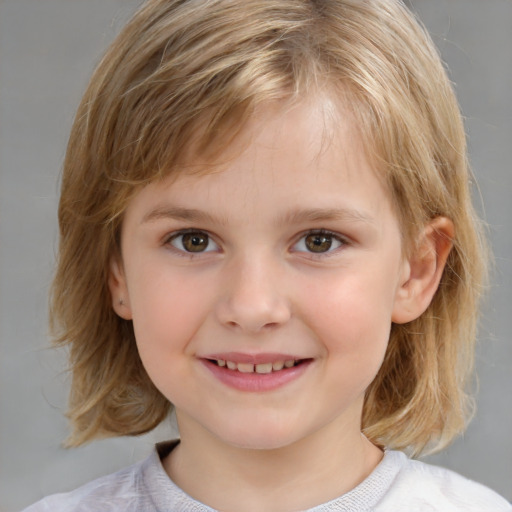 Joyful white child female with medium  brown hair and brown eyes