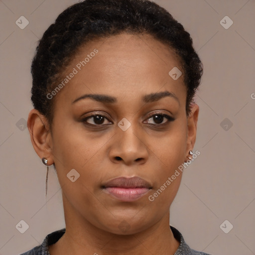 Neutral black young-adult female with short  brown hair and brown eyes