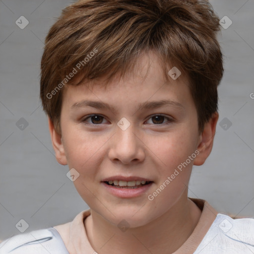 Joyful white child male with short  brown hair and brown eyes