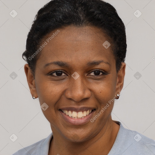 Joyful latino young-adult female with short  black hair and brown eyes