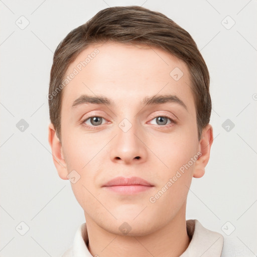 Neutral white young-adult male with short  brown hair and brown eyes