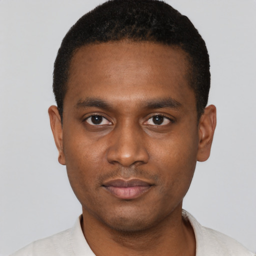 Neutral black young-adult male with short  black hair and brown eyes