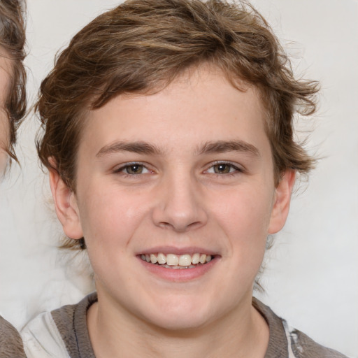 Joyful white young-adult male with medium  brown hair and brown eyes