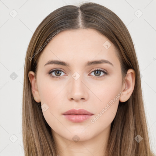 Neutral white young-adult female with long  brown hair and brown eyes