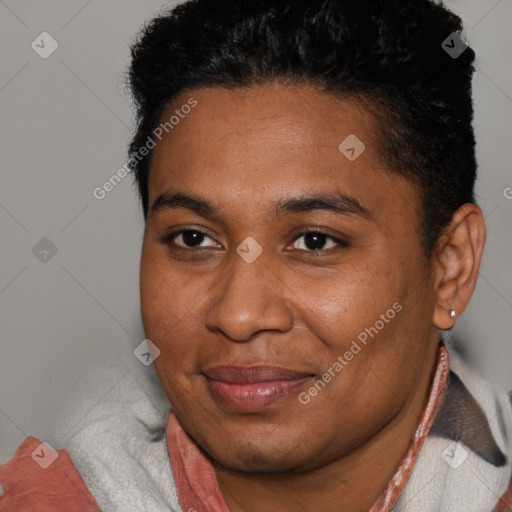 Joyful black adult female with short  brown hair and brown eyes