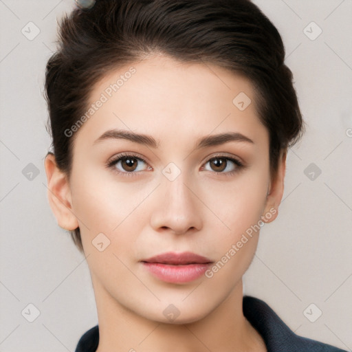 Neutral white young-adult female with short  brown hair and brown eyes