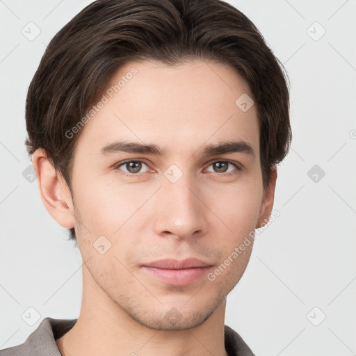 Neutral white young-adult male with short  brown hair and grey eyes