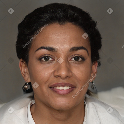 Joyful latino young-adult female with short  brown hair and brown eyes