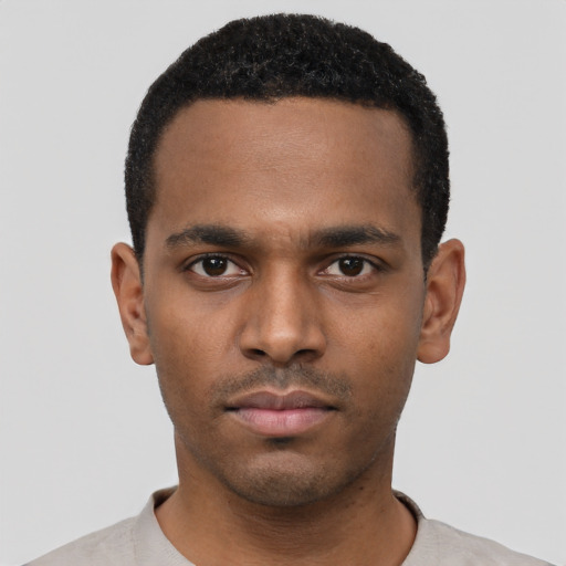 Neutral black young-adult male with short  black hair and brown eyes