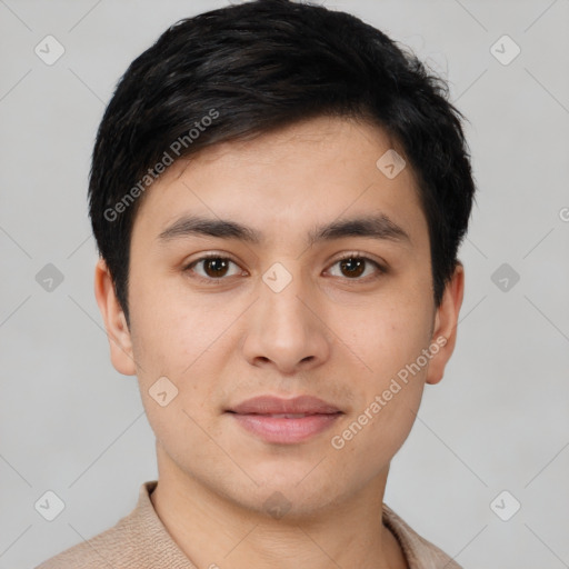 Joyful white young-adult male with short  black hair and brown eyes