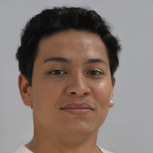 Neutral latino young-adult female with short  brown hair and brown eyes