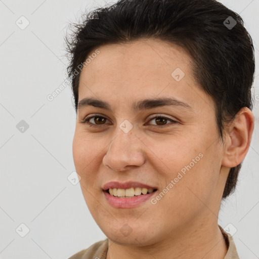 Joyful white young-adult female with short  brown hair and brown eyes