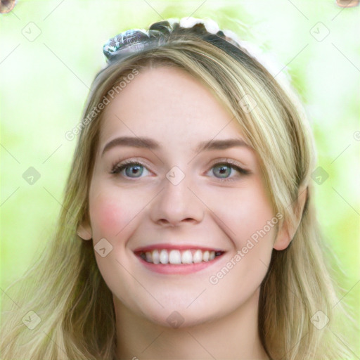 Joyful white young-adult female with long  brown hair and green eyes