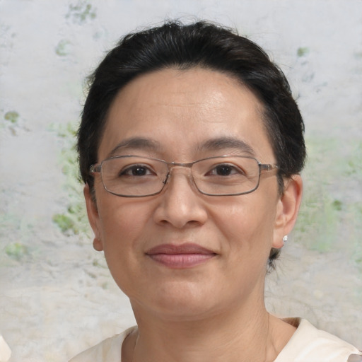 Joyful asian adult female with short  brown hair and brown eyes