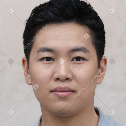 Neutral asian young-adult male with short  black hair and brown eyes