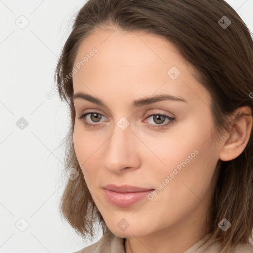 Neutral white young-adult female with medium  brown hair and brown eyes