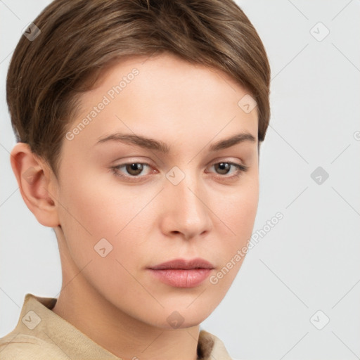 Neutral white young-adult female with short  brown hair and brown eyes