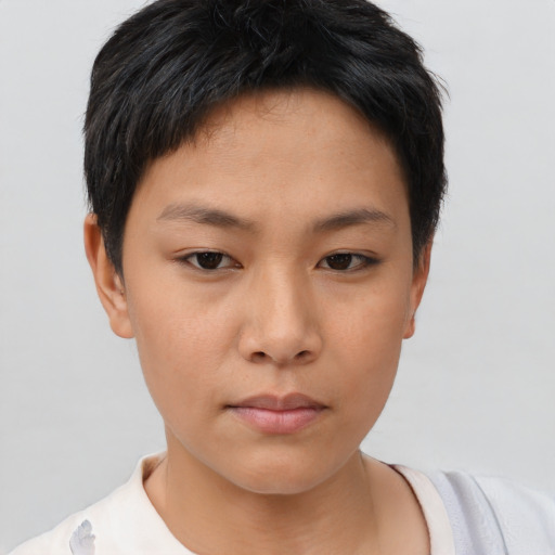 Neutral asian young-adult female with short  brown hair and brown eyes