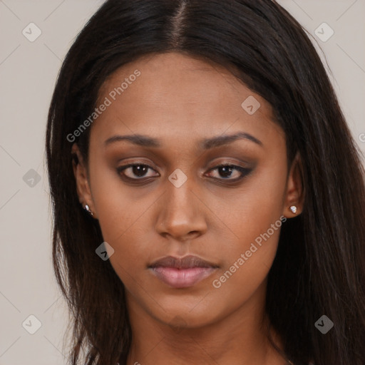 Neutral asian young-adult female with long  brown hair and brown eyes