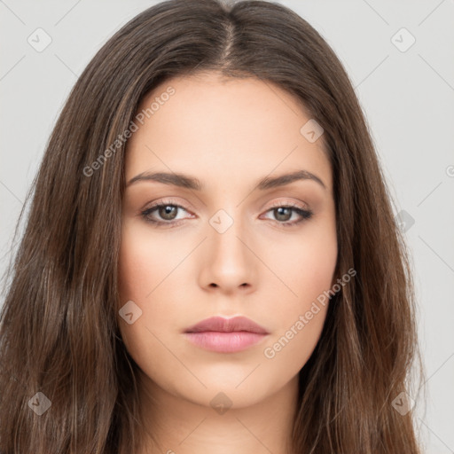 Neutral white young-adult female with long  brown hair and brown eyes