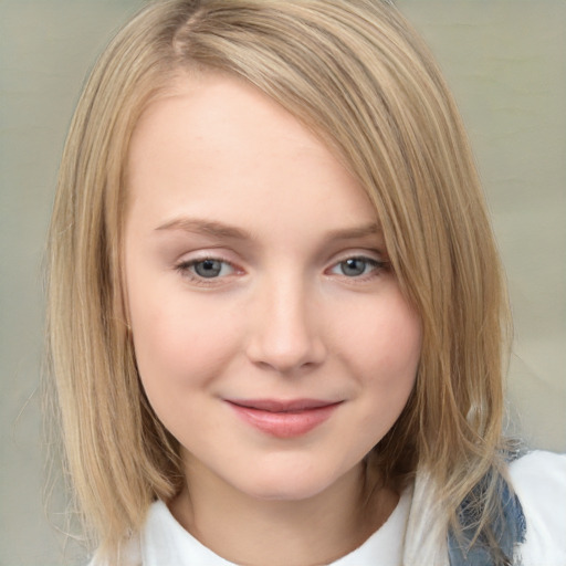 Joyful white child female with medium  brown hair and grey eyes