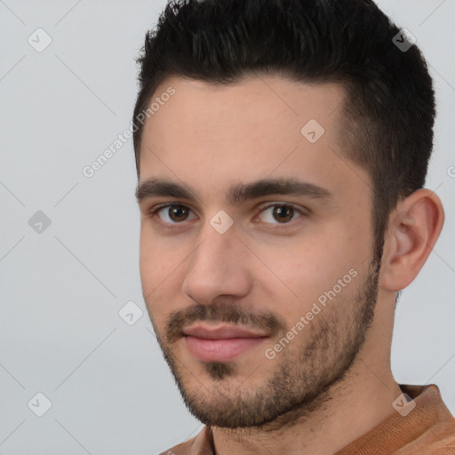 Neutral white young-adult male with short  brown hair and brown eyes