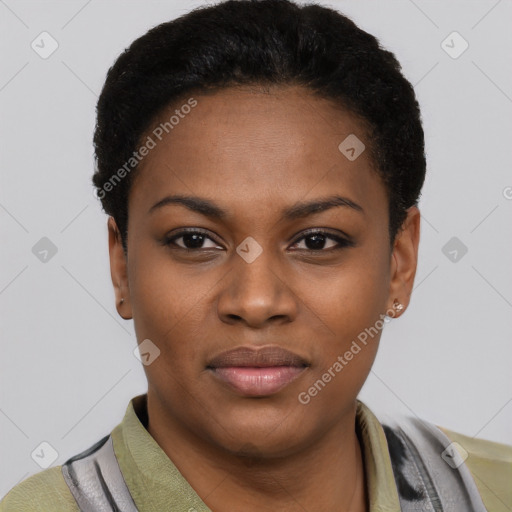 Joyful black young-adult female with short  black hair and brown eyes